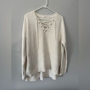 Athleta Sunset Lace Up Sweater Cream White Knit V-Neck Pullover Pattern Size L